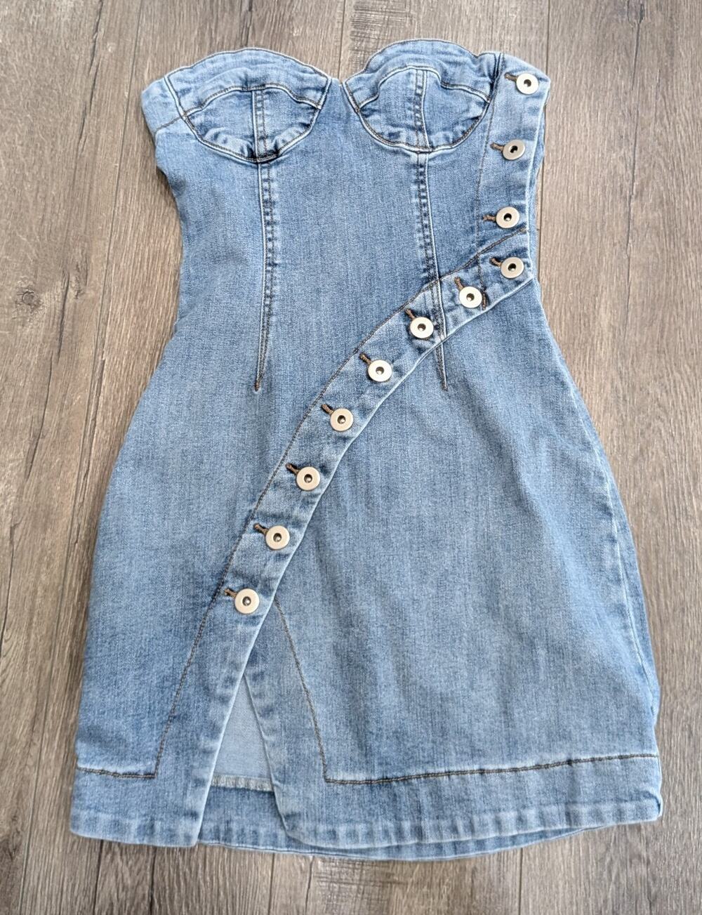 Coastal Cowgirl Y2K Wesstern Denim Bustier Mini Dress Asymmetrical Button XS
